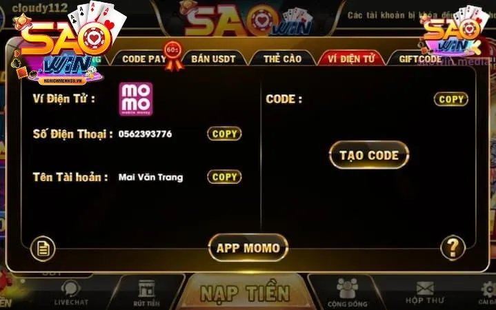 nạp tiền saowin tài khoản ngân hàng